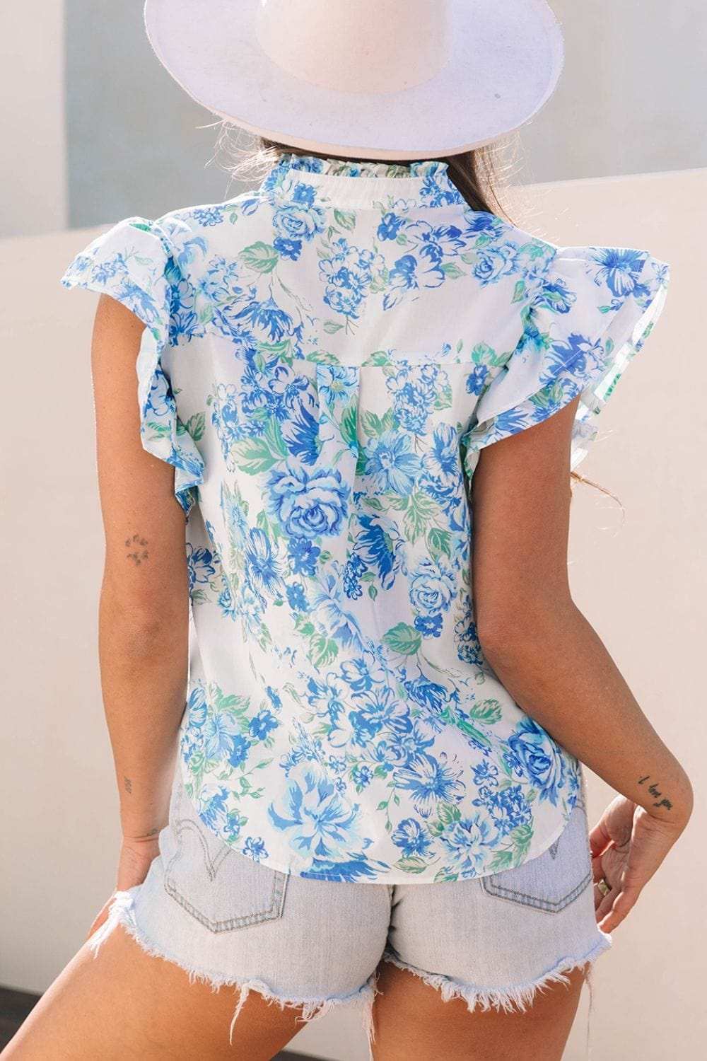 Floral Print Ruffle Sleeve Frilly Button Up Shirt - Trendsi - Flyclothing LLC