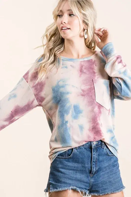 BiBi Tie Dye Print Terry Top With Front Patch Pocket - Trendsi - Flyclothing LLC