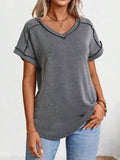 Exposed Seam V-Neck Short Sleeve Top - Trendsi