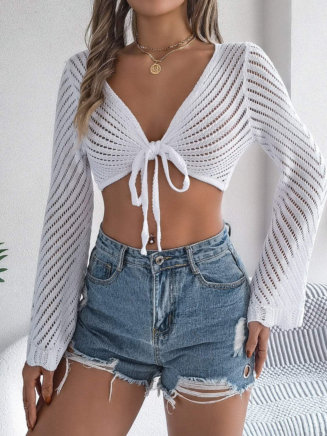 Openwork Tied Long Sleeve Knit Cover Up - Trendsi - Flyclothing LLC