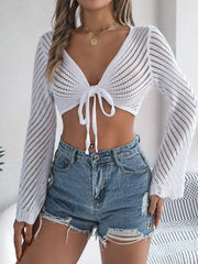 Openwork Tied Long Sleeve Knit Cover Up - Trendsi