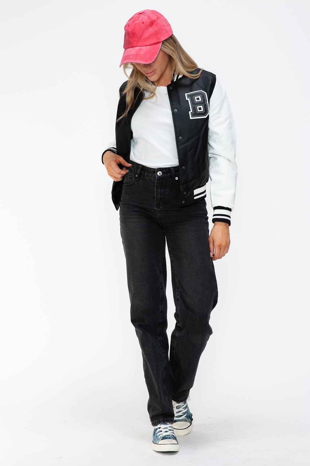 Love Me Now PU Leather Contrast Snap Down Bomber Jacket - Trendsi