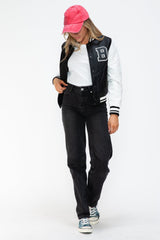 Love Me Now PU Leather Contrast Snap Down Bomber Jacket - Trendsi