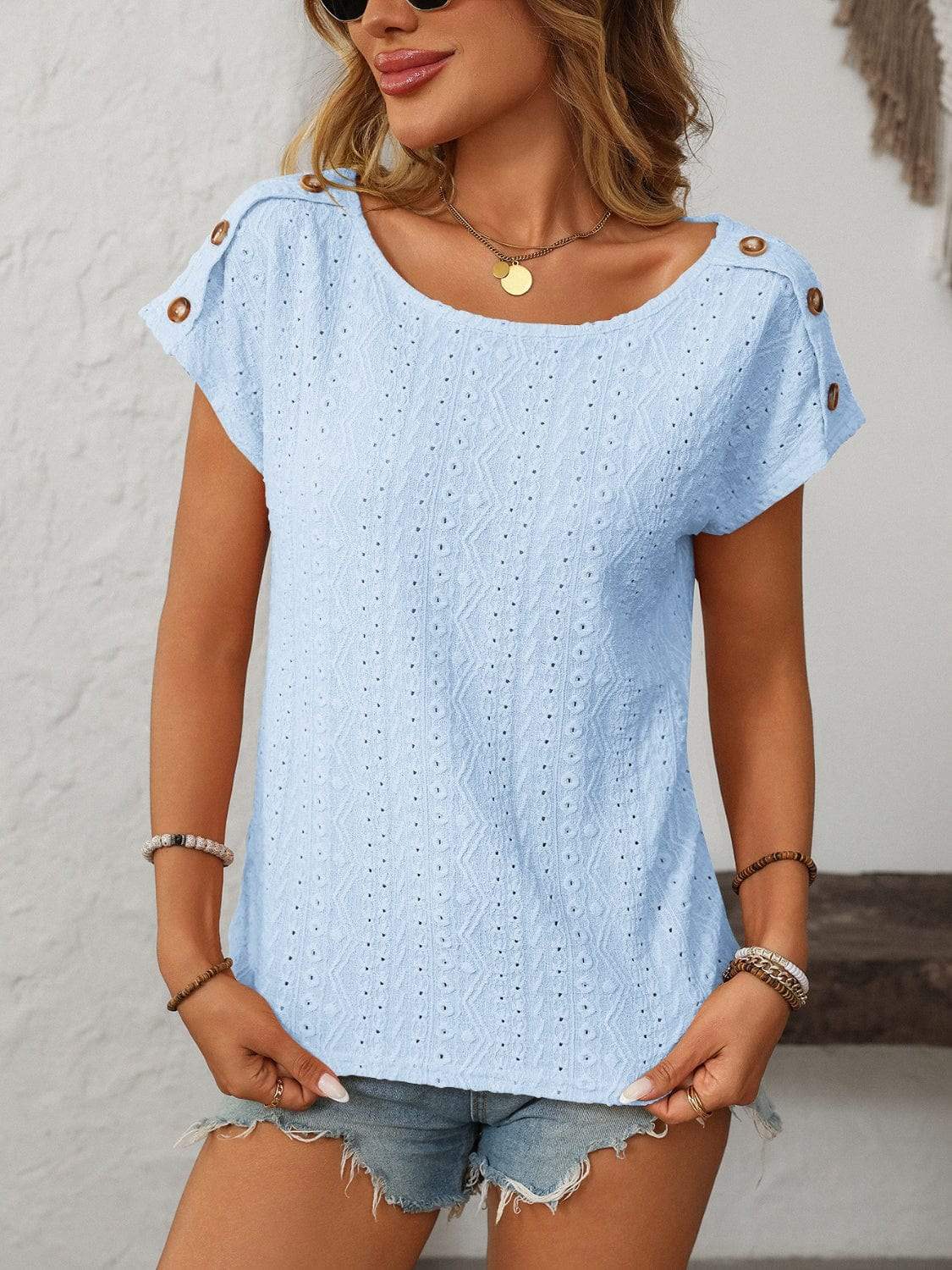 Mandy Eyelet Round Neck Short Sleeve Top - Trendsi - Flyclothing LLC