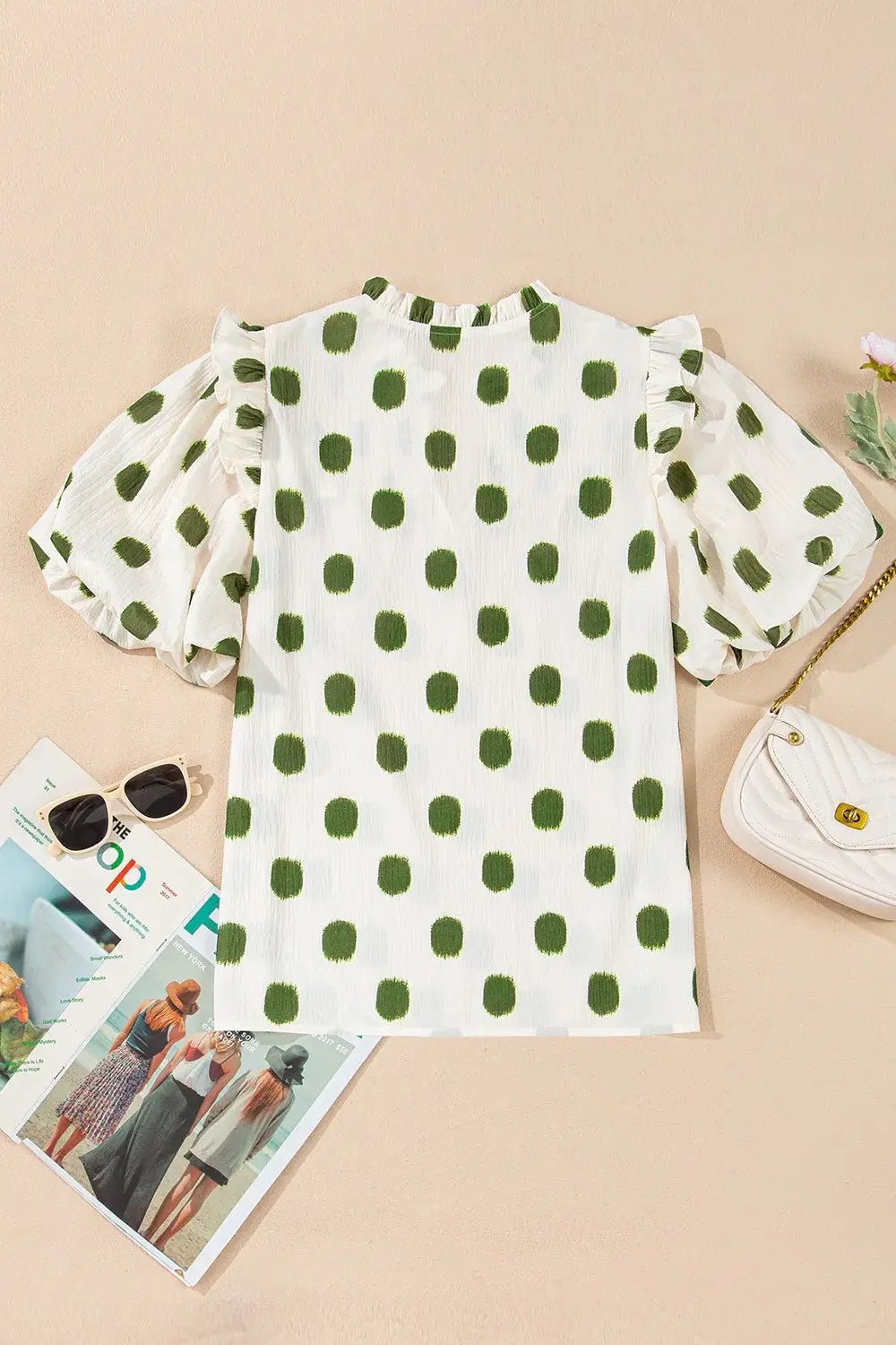 Polka Dot Shirred Yoke Notched Neck Puff Sleeve Blouse - Trendsi - Flyclothing LLC
