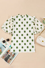 Polka Dot Shirred Yoke Notched Neck Puff Sleeve Blouse - Trendsi - Flyclothing LLC