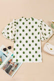 Polka Dot Shirred Yoke Notched Neck Puff Sleeve Blouse - Trendsi - Flyclothing LLC