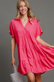 Umgee Full Size Raw Hem Folded Sleeve Tiered Dress Plus Size - Trendsi