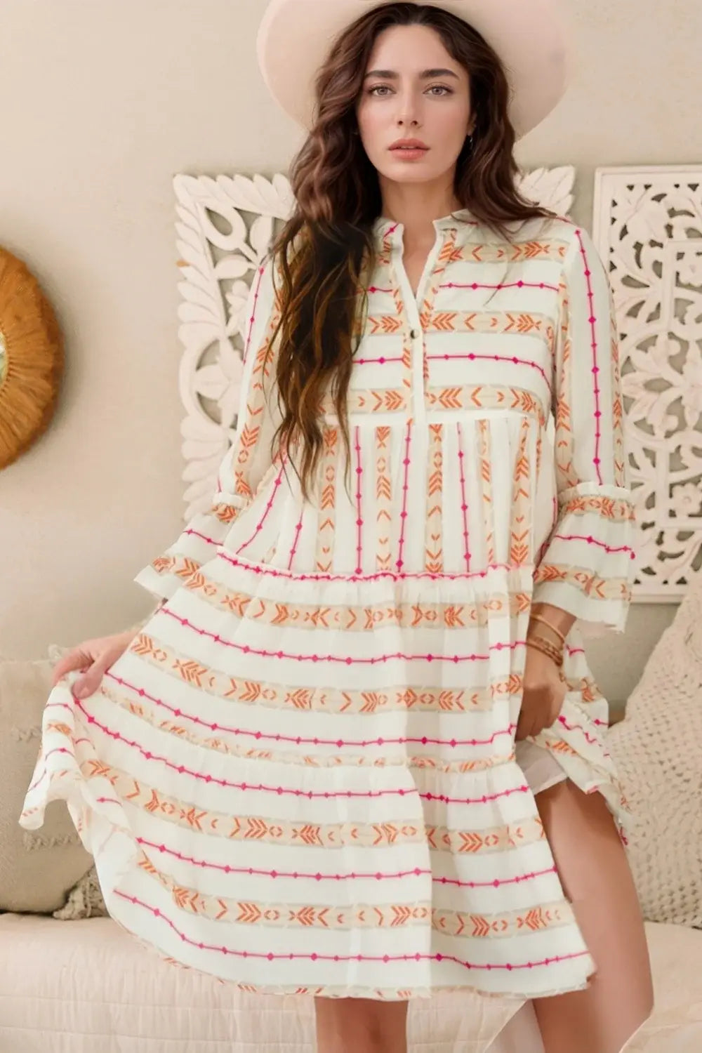 Printed Ruffled Notched Loose Dress - Trendsi - Flyclothing LLC