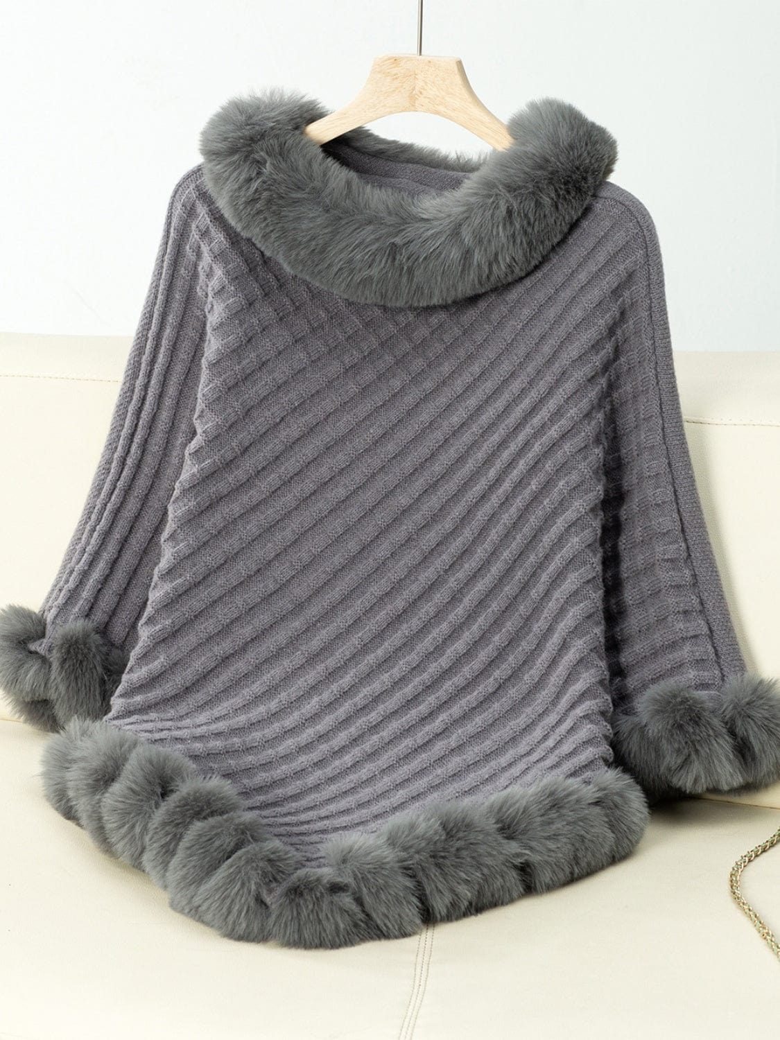 Fuzzy Trim Texture Three-Quarter Sleeve Poncho - Trendsi