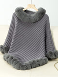 Fuzzy Trim Texture Three-Quarter Sleeve Poncho - Trendsi