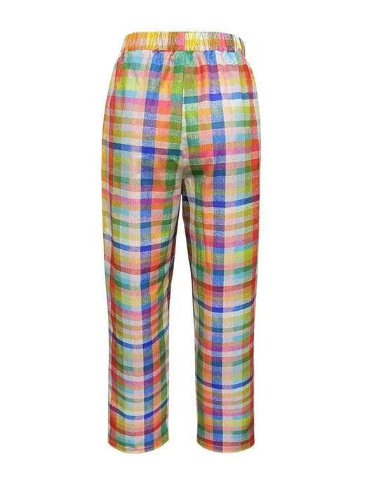 Tied Contrast Plaid Pants with Pockets - Trendsi - Flyclothing LLC