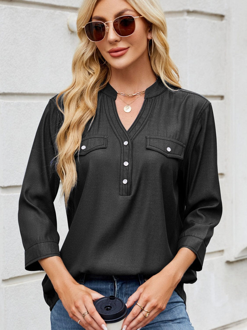 Notched Three-Quarter Sleeve Denim Top - Trendsi
