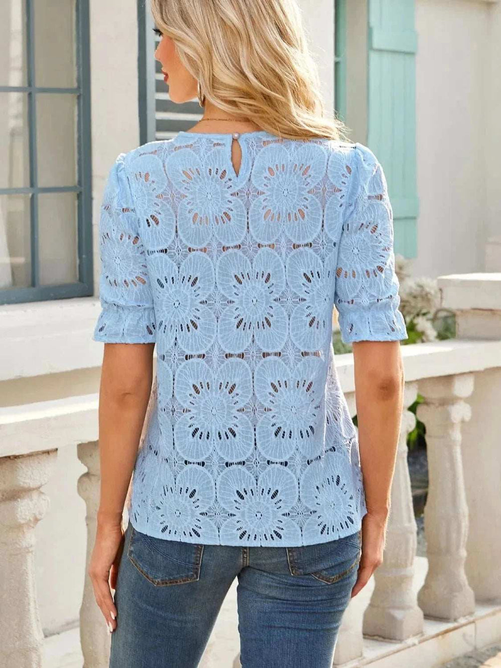 Openwork Round Neck Short Sleeve Top - Trendsi - Flyclothing LLC