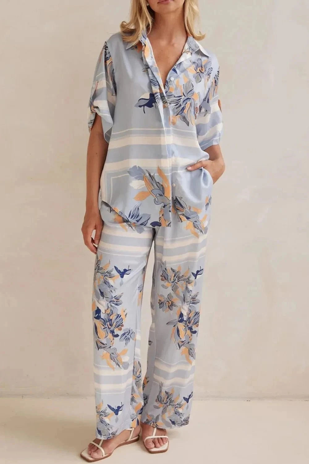 Printed Button Up Shirt and Pants Set - Trendsi