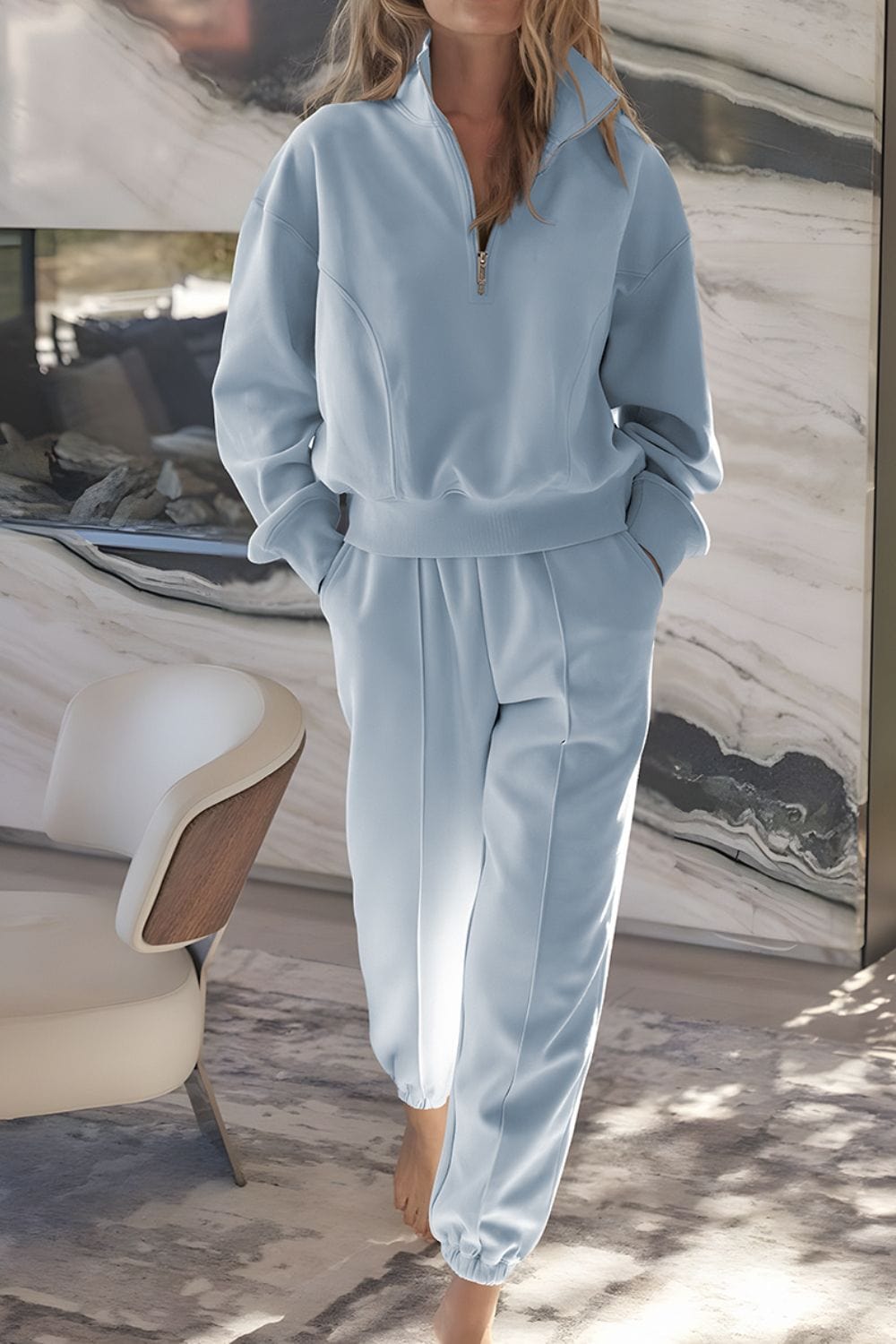 Half Zip Long Sleeve Top and Joggers Set - Trendsi
