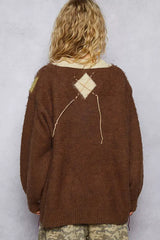 POL V-Neck Argyle Pattern Mohair Sweater with Contrast Exposed Stitch Detail - Trendsi - Flyclothing LLC