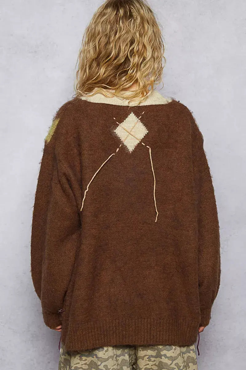 POL V-Neck Argyle Pattern Mohair Sweater with Contrast Exposed Stitch Detail - Trendsi - Flyclothing LLC