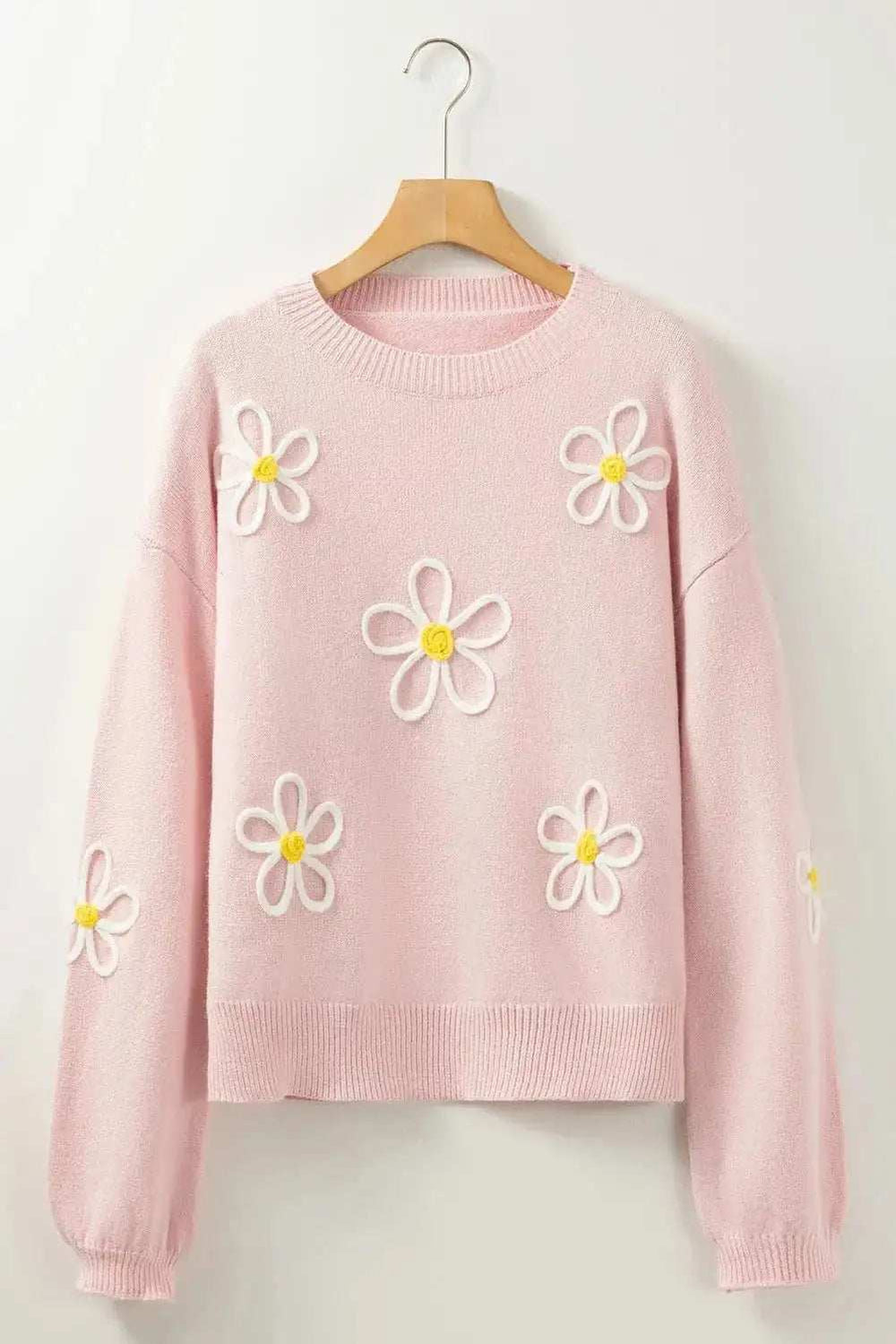 Flower Round Neck Dropped Shoulder Sweater - Trendsi - Flyclothing LLC