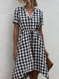 Plaid Notched Short Sleeve Dress - Trendsi