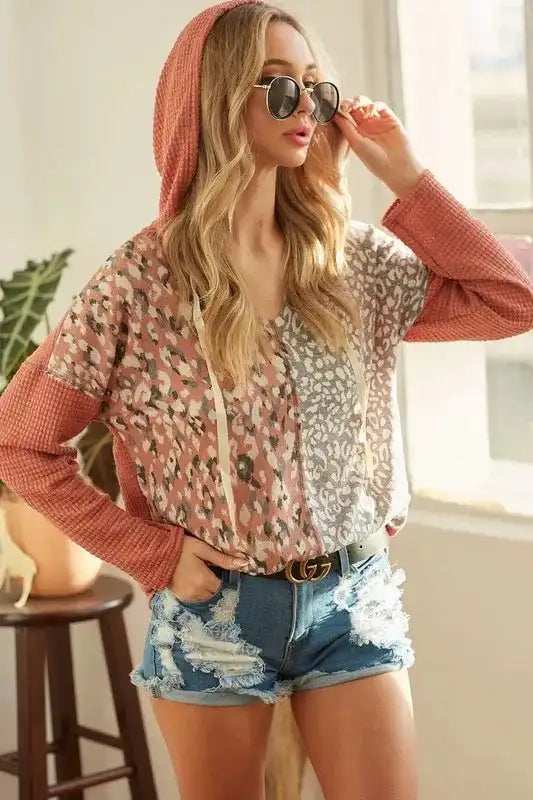 BiBi Popcorn Waffle Knit Hoodie with Print Block Front - Trendsi - Flyclothing LLC