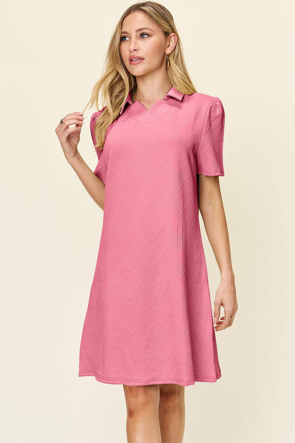 Double Take Full Size Texture Collared Neck Short Sleeve Dress - Trendsi - Flyclothing LLC