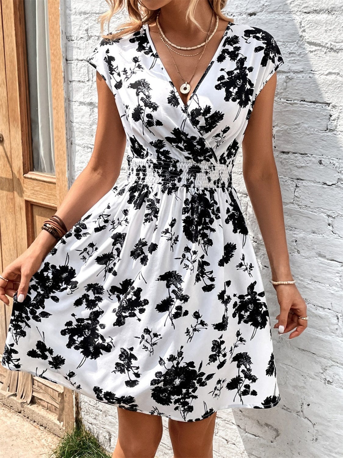 Printed Surplice Cap Sleeve Dress - Trendsi