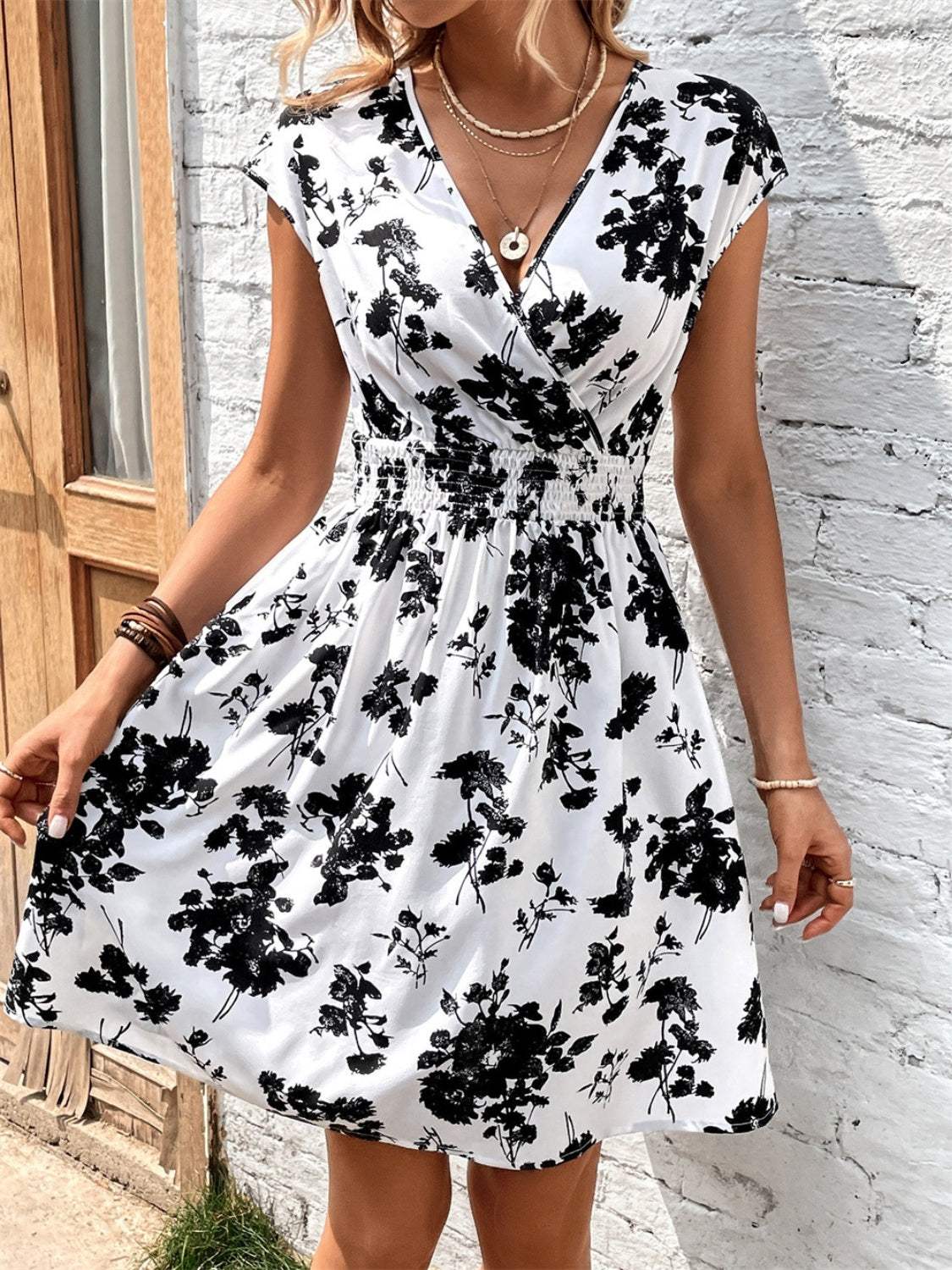 Printed Surplice Cap Sleeve Dress - Trendsi - Flyclothing LLC