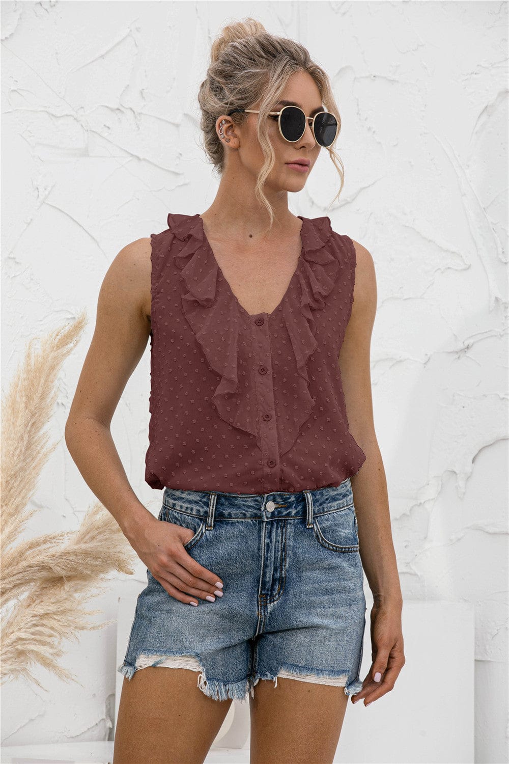 Swiss Dot Ruffled Wide Strap Tank - Trendsi