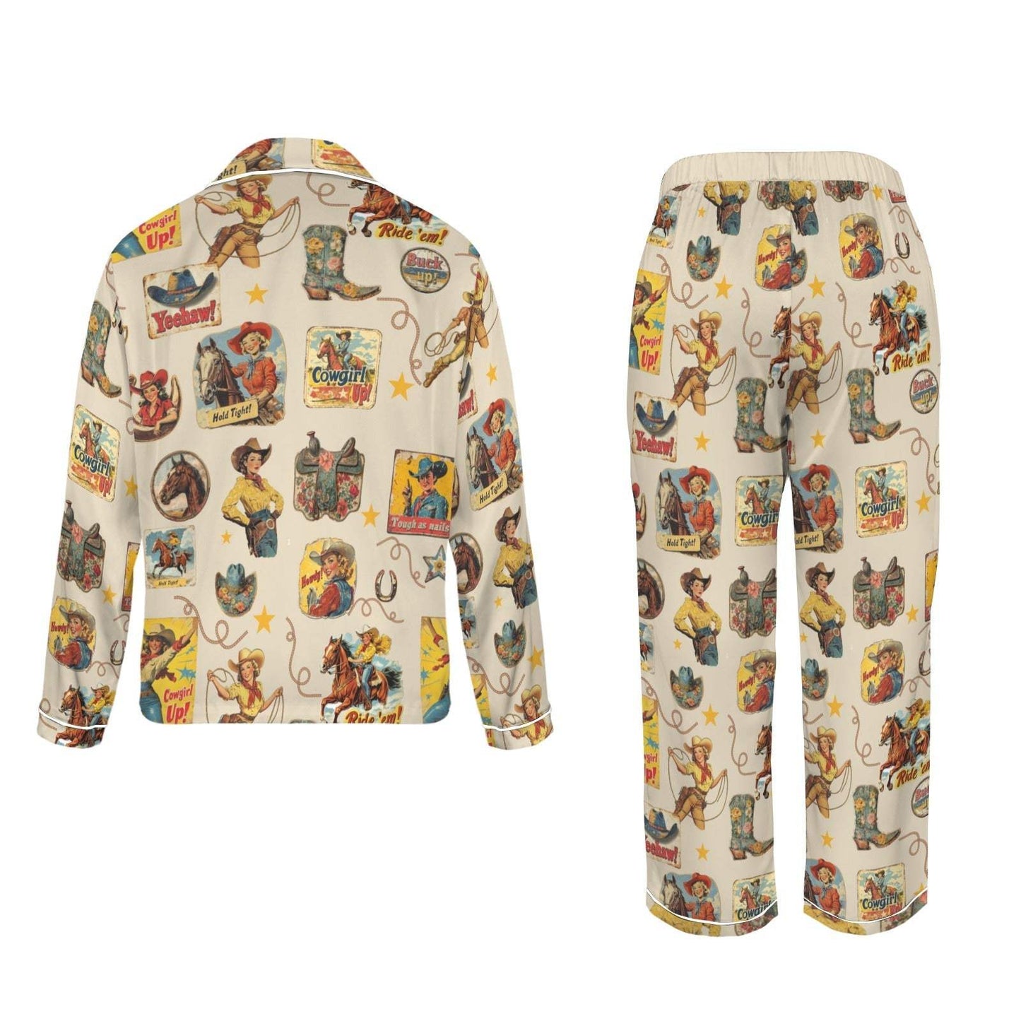 Baha Ranch Vintage Cowgirl Collage Western Rodeo Satin Pajamas - Baha Ranch Western Wear - Flyclothing LLC
