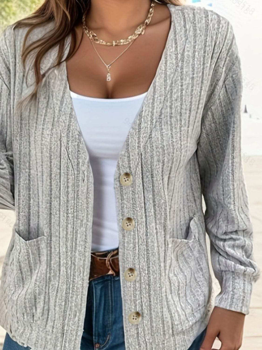Full Size Button Up V-Neck Long Sleeve Cardigan - Trendsi - Flyclothing LLC