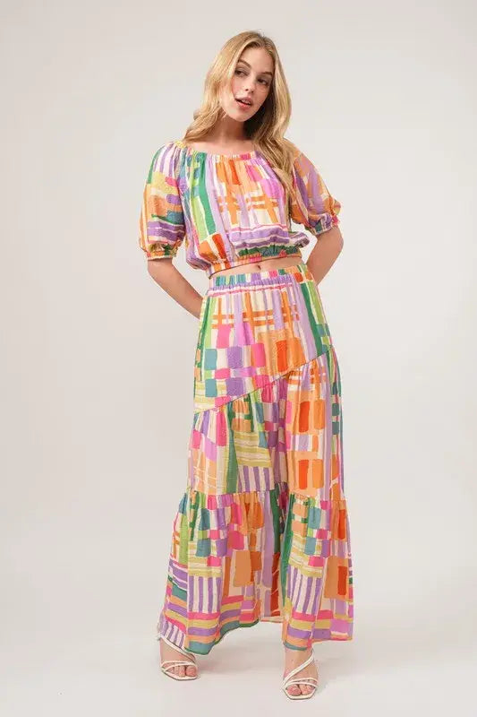 And The Why Puff Sleeve Elastic Edges Geo Printed Crop Top - Trendsi - Flyclothing LLC