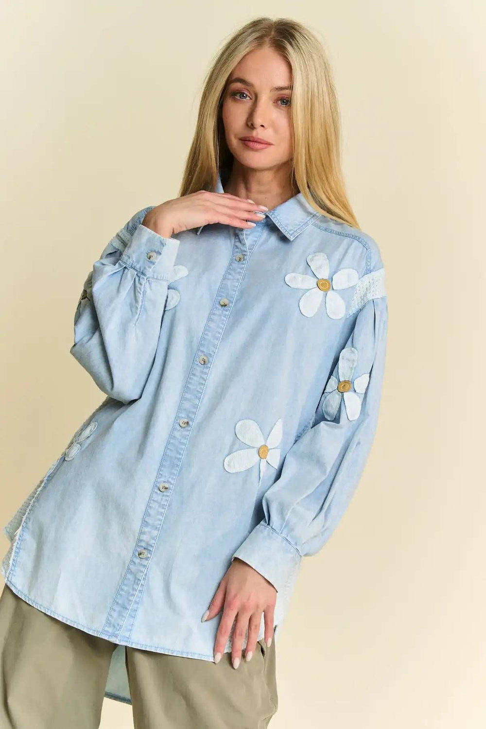 Davi & Dani Lightweight Washed Daisy Patch Waffle Knit Shirt - Trendsi - Flyclothing LLC