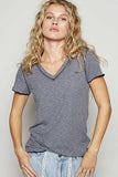 POL V-Neck Short Sleeve Ribbed T-Shirt with Contrast Overlock Stitching - Trendsi - Flyclothing LLC