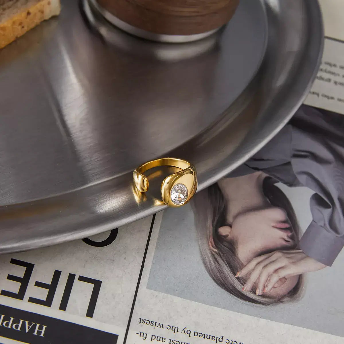 18K Gold-Plated Rhinestone Open Ring - Trendsi - Flyclothing LLC