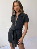 Full Size Zip Front Short Sleeve Denim Dress Plus Size - Trendsi - Flyclothing LLC