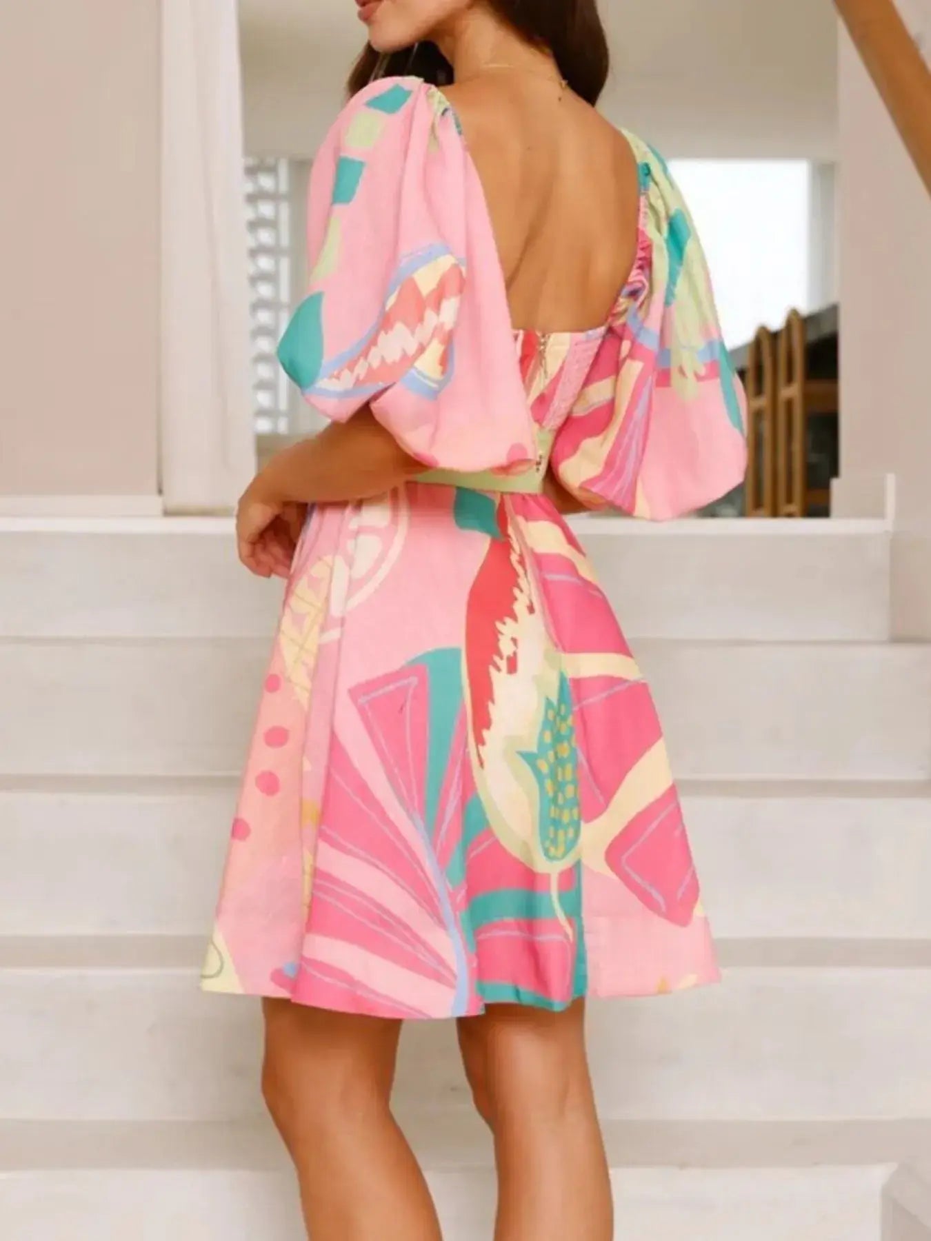 Colorful Print Belted Mini Dress with Puff Sleeves - Trendsi - Flyclothing LLC