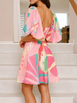 Colorful Print Belted Mini Dress with Puff Sleeves - Trendsi - Flyclothing LLC