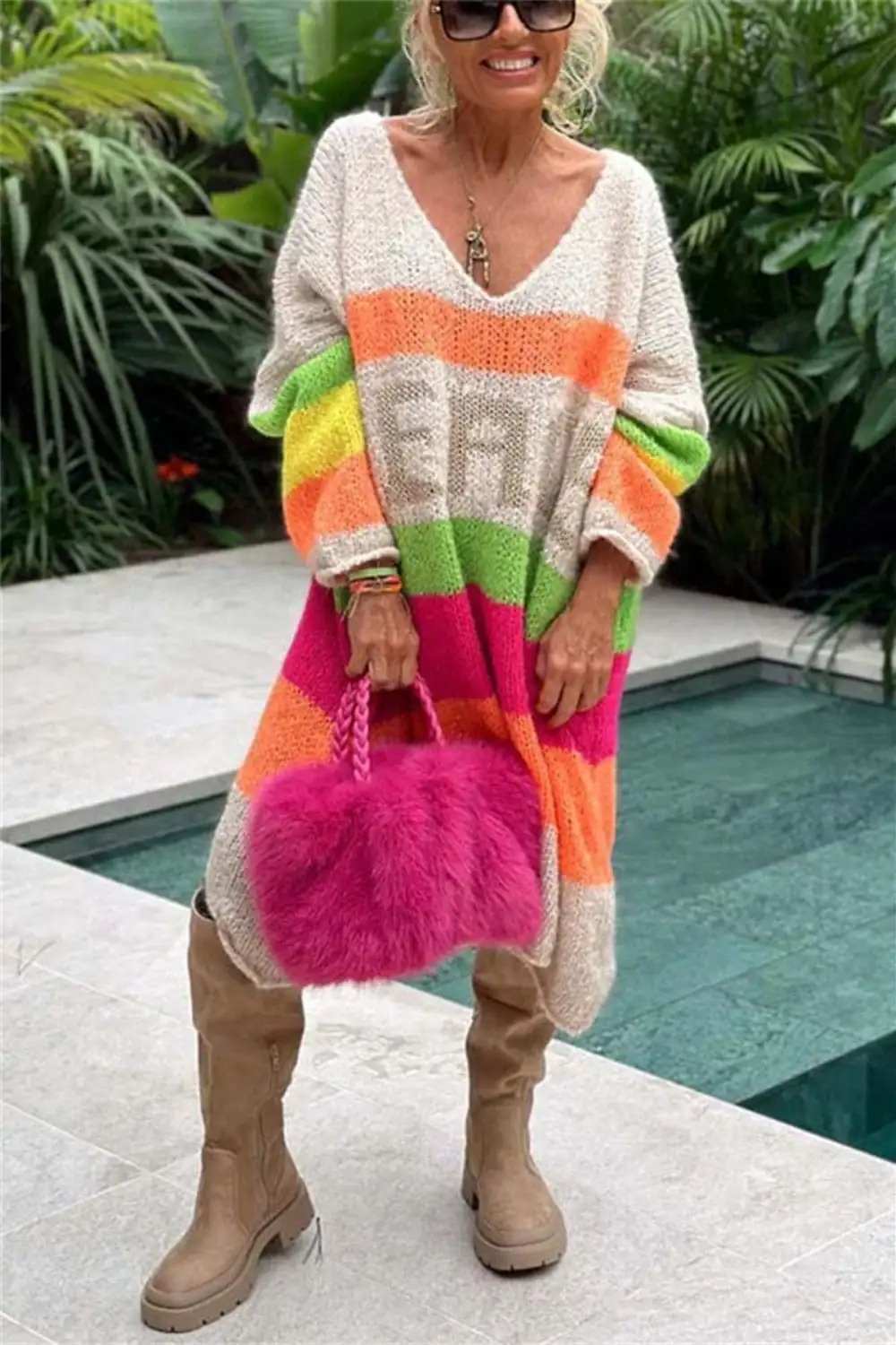 Color Block V-Neck Long Sleeve Sweater Dress - Trendsi - Flyclothing LLC