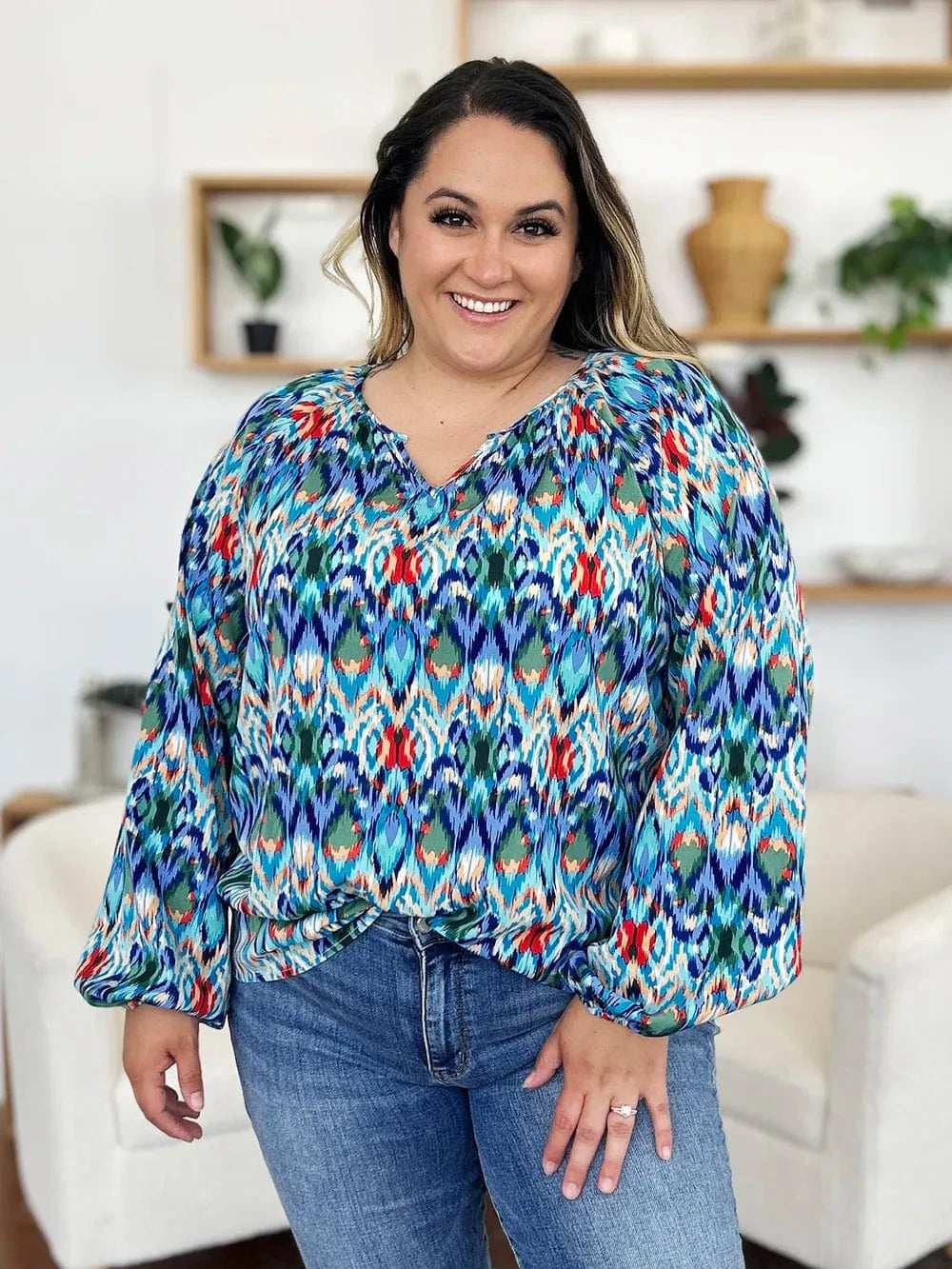 Double Take Full Size Printed Balloon Sleeve Blouse - Trendsi - Flyclothing LLC