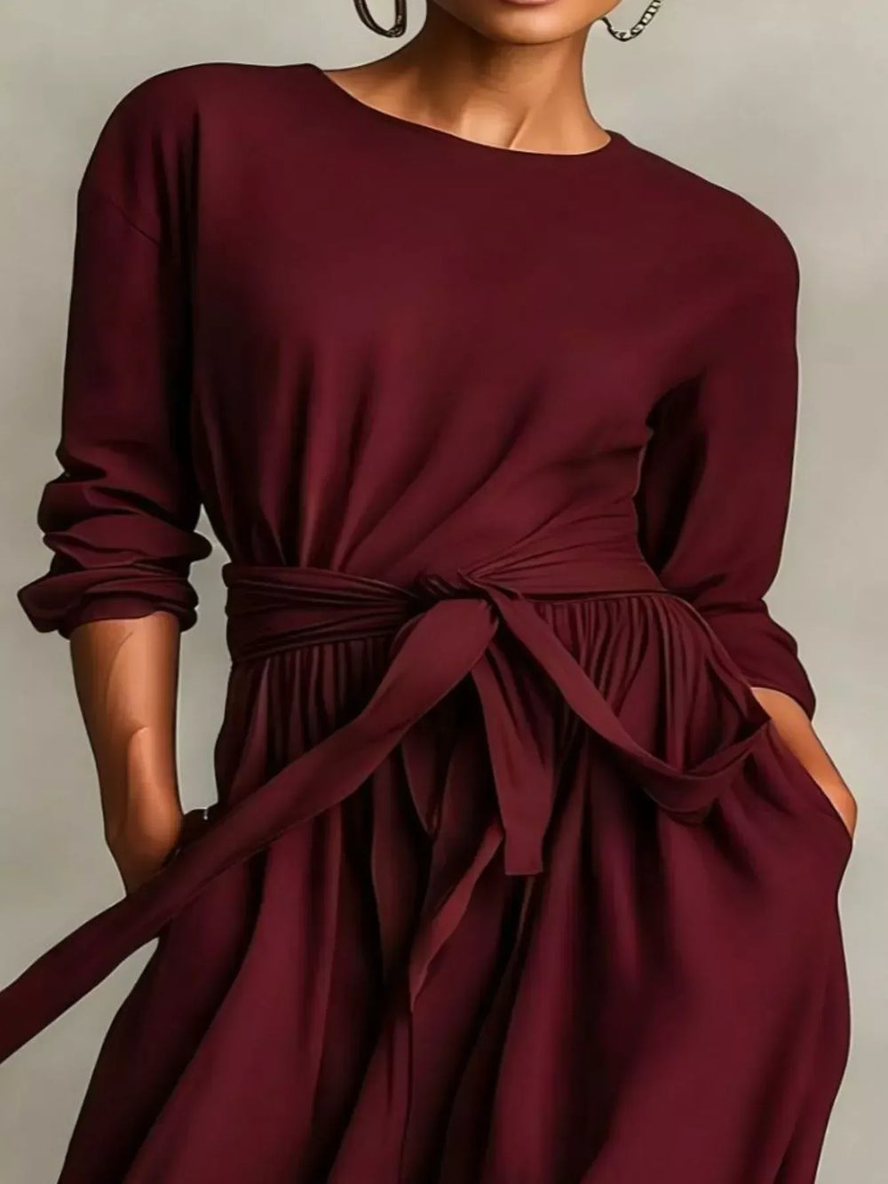 Full Size Long Sleeve Tie Waist Maxi Dress Plus Size - Trendsi - Flyclothing LLC