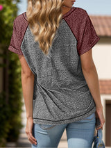 Contrast Notched Short Sleeve T-Shirt - Trendsi - Flyclothing LLC