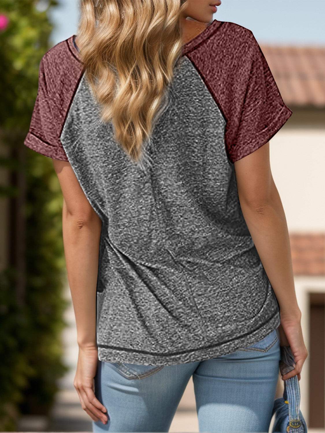 Contrast Notched Short Sleeve T-Shirt - Trendsi - Flyclothing LLC