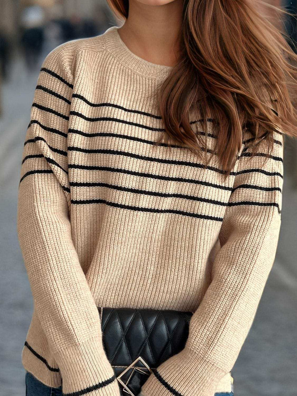 Striped Round Neck Long Sleeve Sweater - Trendsi - Flyclothing LLC