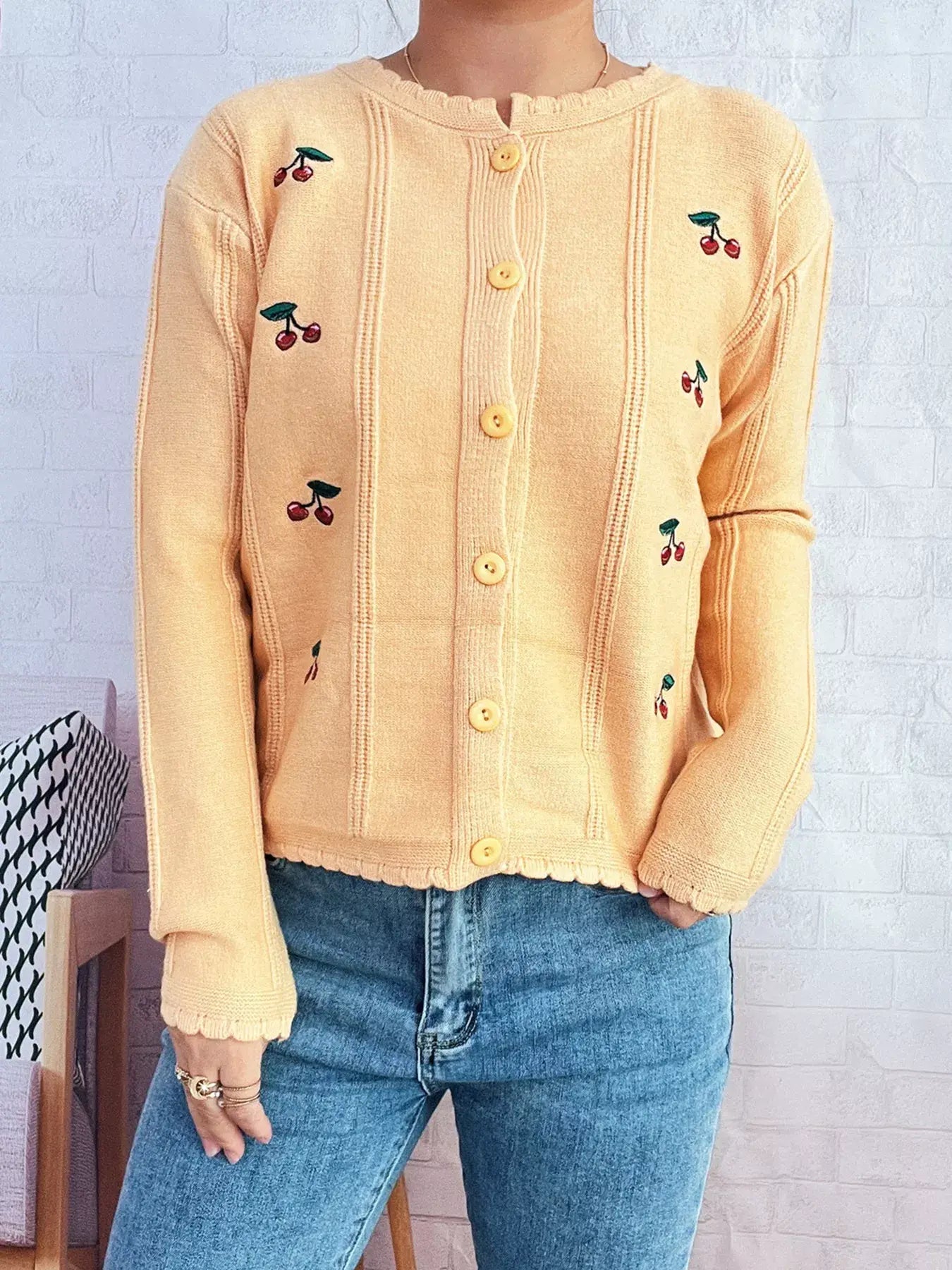 Cherry Embroidered Button Up Cardigan - Trendsi - Flyclothing LLC