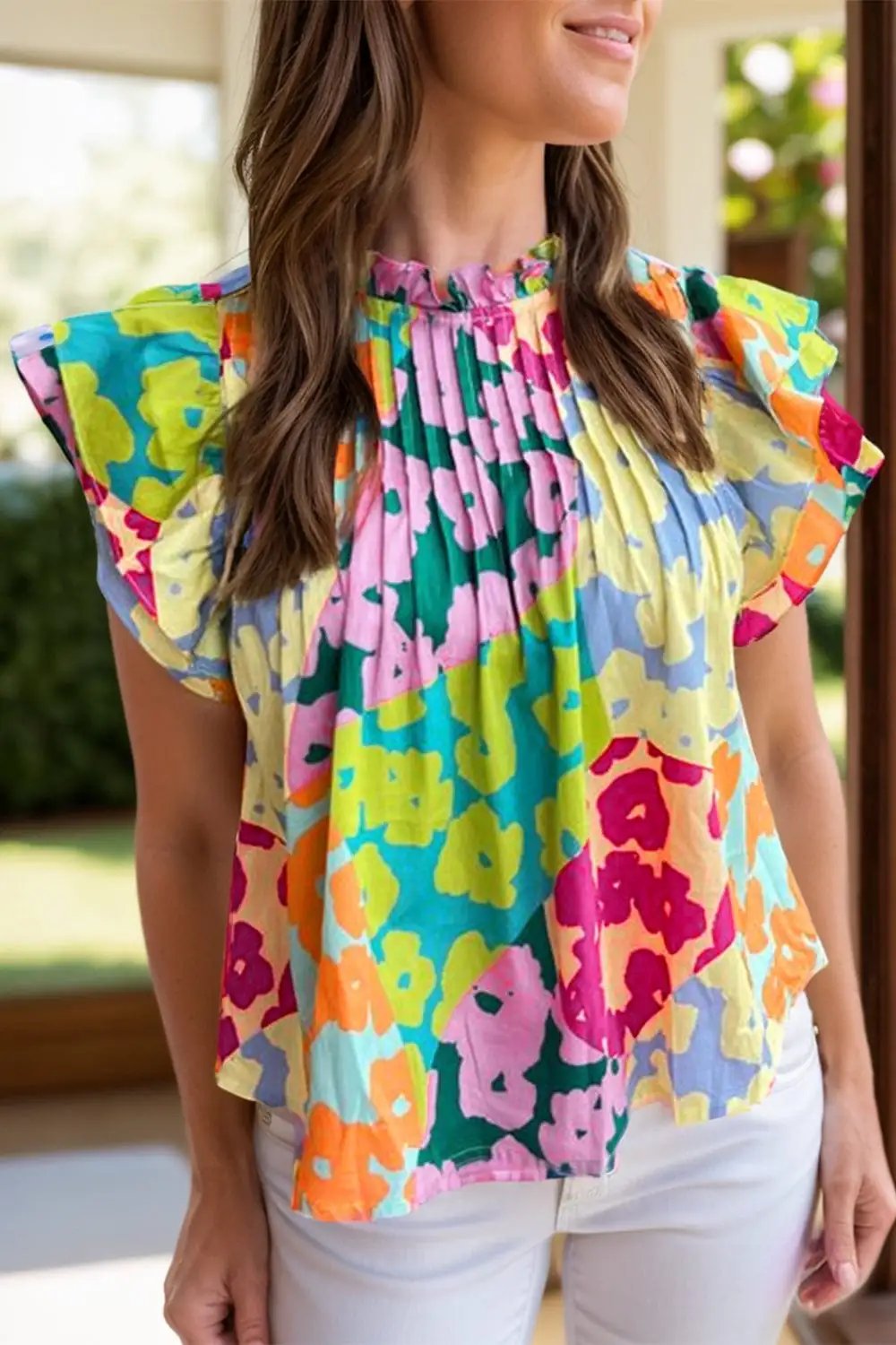 Ruffled Printed Mock Neck Cap Sleeve Blouse - Trendsi