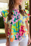 Ruffled Printed Mock Neck Cap Sleeve Blouse - Trendsi