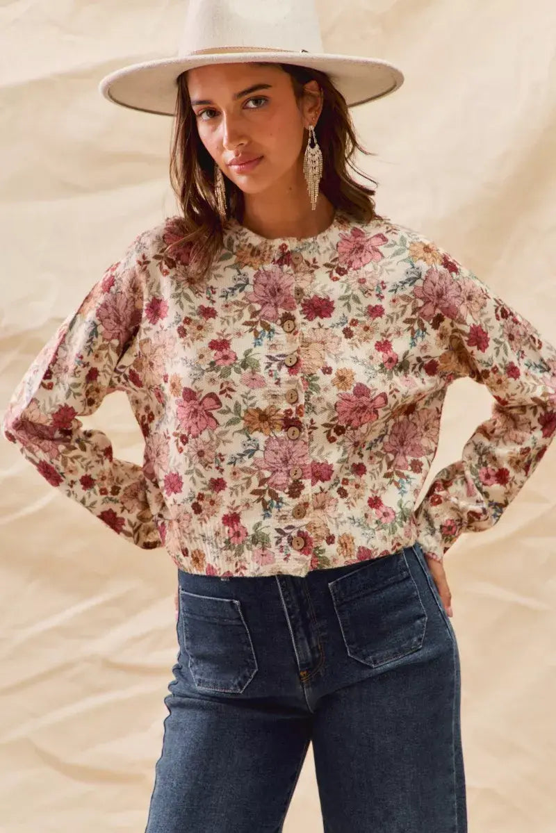 SO ME Floral Print Button Front Sweater Cardigan - Trendsi - Flyclothing LLC