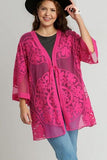 Umgee Full Size Floral Lace Open Front Kimono Sleevee Cover Up with Waist Tie Plus Size - Trendsi