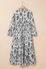 Tiered Printed Notched Long Sleeve Midi Dress - Trendsi - Flyclothing LLC